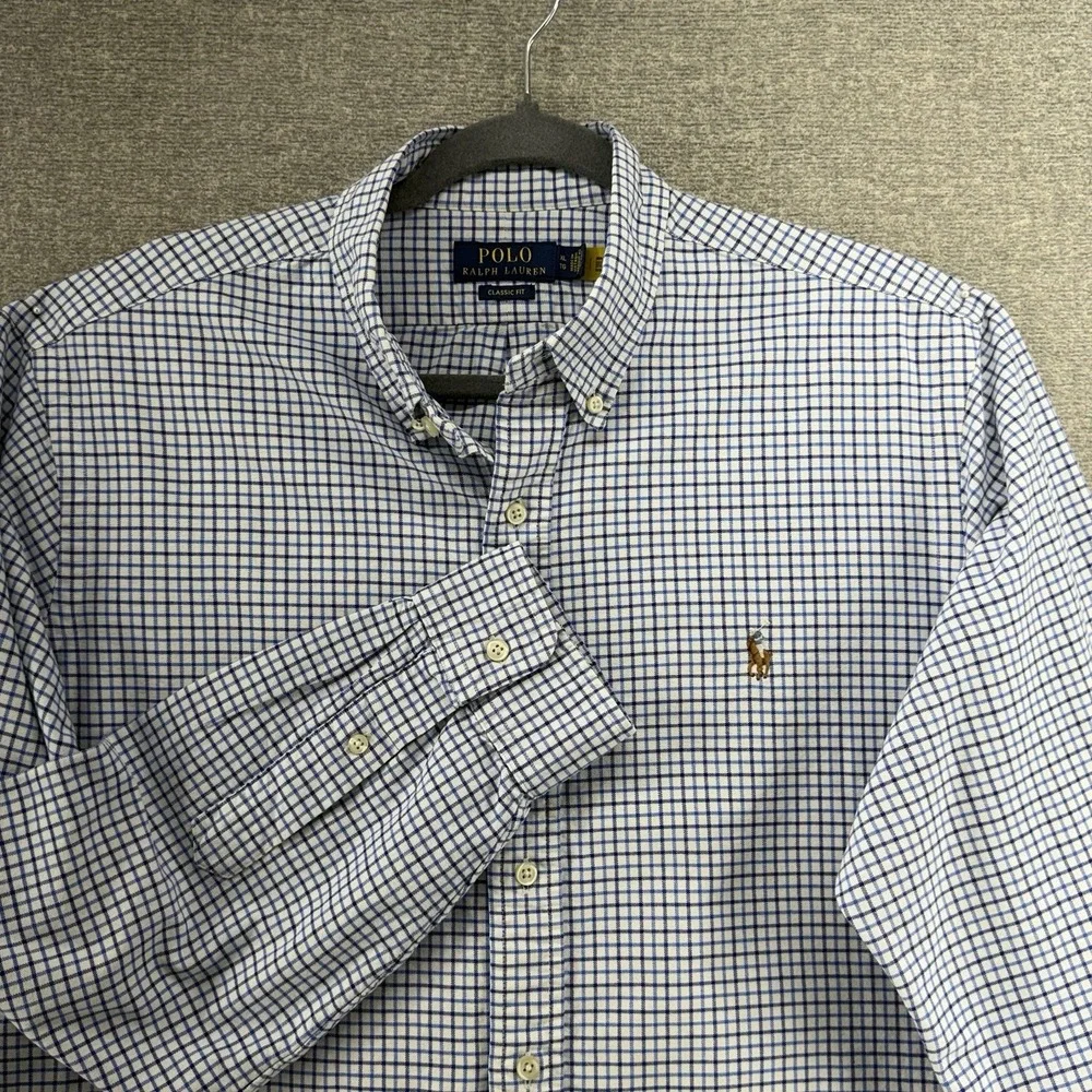 Polo Ralph Lauren Classic Fit Shirt Men Size XL Blue Check Button Up Flesh Pony
